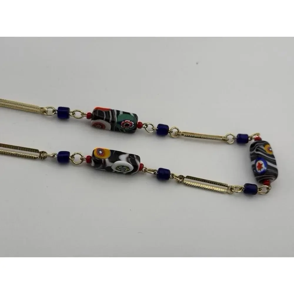 Art Deco Millefiori-Murano Glass Tube Bead Necklace| Gold Bar | Colorful - Picture 9 of 9